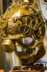 The traditional beautiful Venetian mask for participation in the carnival is shot close-up. 
