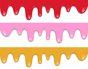 Liquid drips of pink red and yellow sauce, ketchup, yogurt, cream, caramel, honey, paint etc flowing down on white background. Vector illustration of flow drops