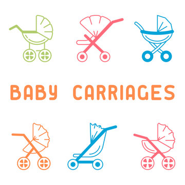 Baby carriages and strollers icons set. Linear style vector illustration
