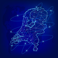 Global logistics network concept. Communications network map Netherlands on the world background. Map of Netherlands with nodes in polygonal style. Vector illustration EPS10. 