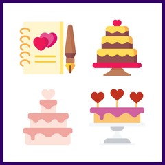 4 reception icon. Vector illustration reception set. wedding cake and guests book icons for reception works