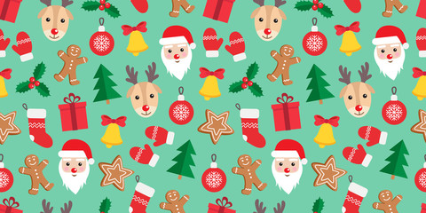 Obraz na płótnie Canvas Seamless pattern of Christmas and New Year symbols. Gingerbread man, Santa Claus, deer, bell, candy, gift, ball, Christmas tree, mistletoe, gloves pattern on green background. Vector illustration.