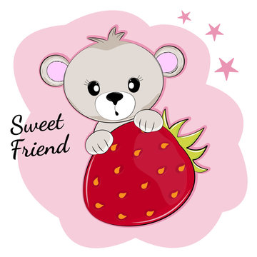 Sweet Cartoon Teddy Bear is sitting behind a strawberry.