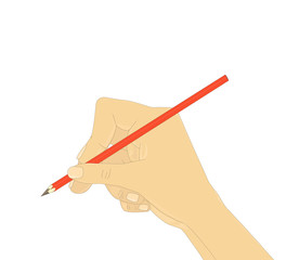 Vector illustration of a right human hand holding a red pencil. Cartoon style. Decorative element. Isolated on white background.