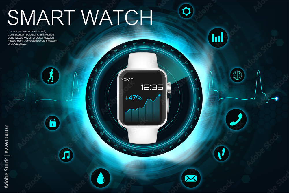 Aufkleber Concept of smart watches. Vector realistic illustration with a futuristic style, represented by the functions of clocks in the form of icons, a template for your project. Smart Watch, realistic style