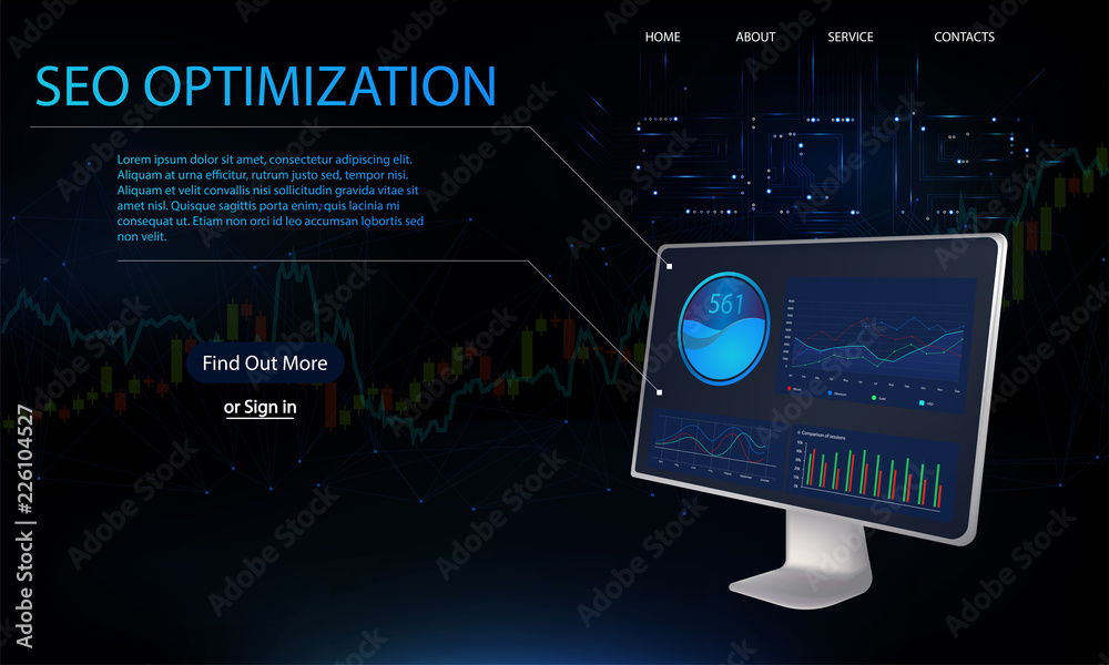 Poster SEO optimization, isometric web page template, analytics design, SEO analytics with charts. Search engine optimization analysis concept. 3D vector illustration.  isometric 