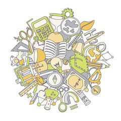 Welcome Back to School Hand Drawn Supply doodles background. Vector illustration of cartoon back to school supplies. Back to School Banner from set of cartooning icons of education, science objects