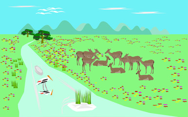 Herd of antelope on green pasture streams. There is a mountain in the background.