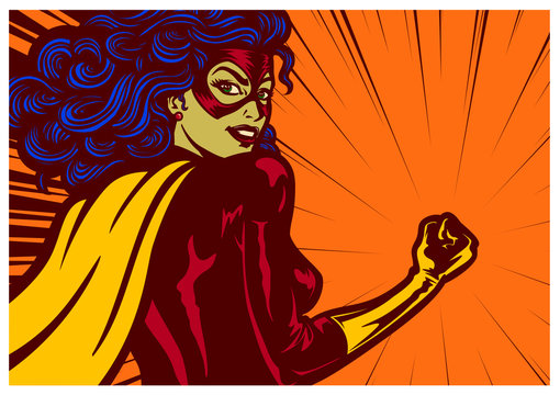 Pop art comic book style female superheroine with clenched fist female superhero vector illustration