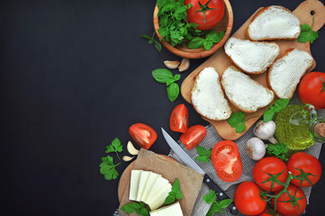 Fresh cheese with tomatoes and fresh herbs.Preparation of healthy food.