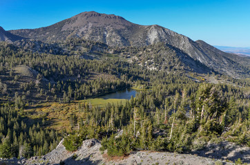 Mount Rose peak and Lake Tamarack scenic view from Tahoe rim trail in Sierra Nevada