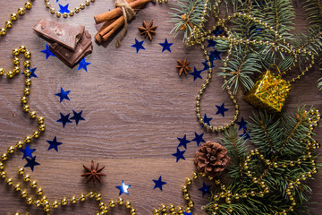 wooden background with winter festive decor