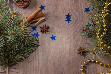 wooden background with winter festive decor
