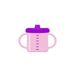 Baby cup with handles. Toddler spout mag icon. Vector. Drinker bottle isolated on white background in flat design. Cartoon illustration. Baby items for newborns.