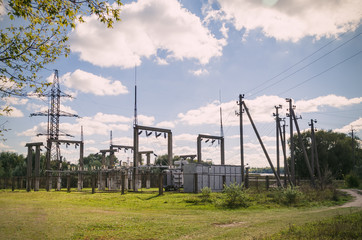 Distribution electric substation with power lines and transformers