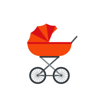 Pram, baby carriage. Vector. Stroller icon isolated on white background in flat design. Cartoon illustration.