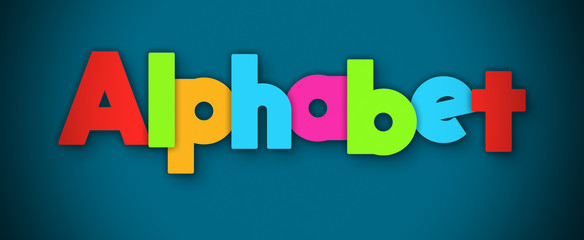 Alphabet - overlapping multicolor letters written on blue background