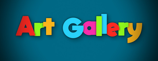 Art Gallery - overlapping multicolor letters written on blue background