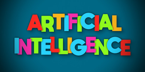 Artificial Intelligence - overlapping multicolor letters written on blue background
