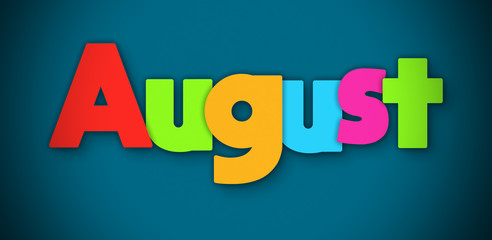 August - overlapping multicolor letters written on blue background