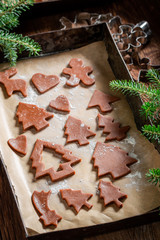 Tasty gingerbread cookies for Christmas on baking paper
