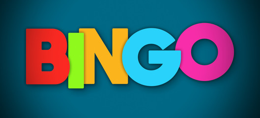 Bingo - overlapping multicolor letters written on blue background