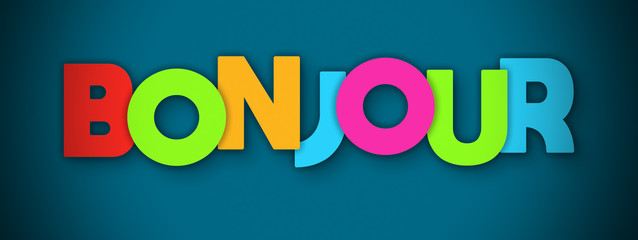 Bonjour! - overlapping multicolor letters written on blue background © Hepta