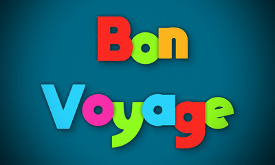 Bon Voyage - overlapping multicolor letters written on blue background