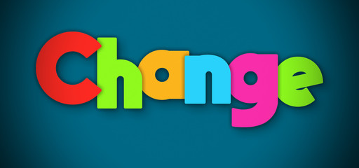 Change - overlapping multicolor letters written on blue background