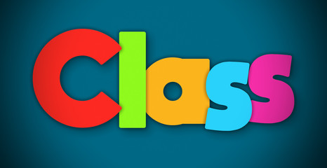 Class - overlapping multicolor letters written on blue background