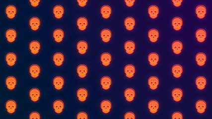 Halloween neon glow skulls on dark violet background. Holiday simple background