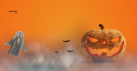 Halloween pumpkin and ghost and fog 3d-illustration