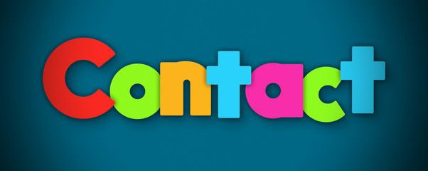 Contact - overlapping multicolor letters written on blue background