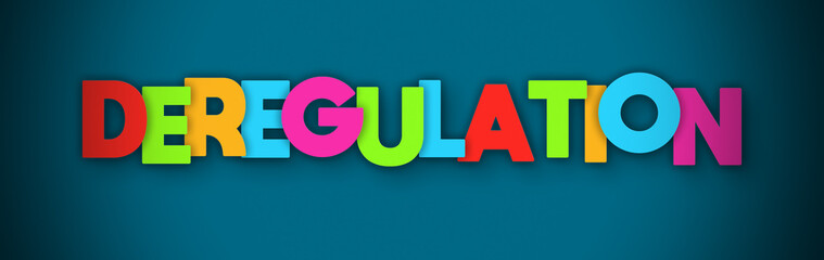 Deregulation - overlapping multicolor letters written on blue background