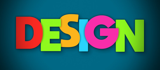 Design - overlapping multicolor letters written on blue background