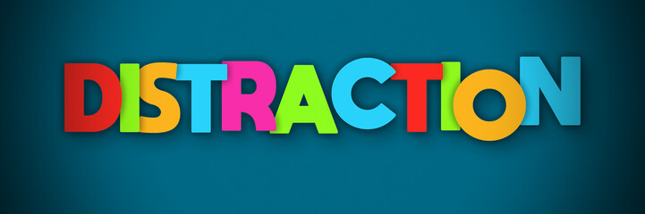 Distraction - overlapping multicolor letters written on blue background