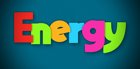 Energy - overlapping multicolor letters written on blue background