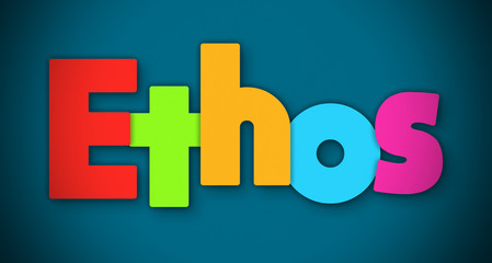 Ethos - overlapping multicolor letters written on blue background