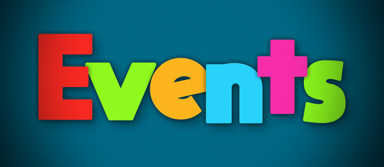 Events - overlapping multicolor letters written on blue background
