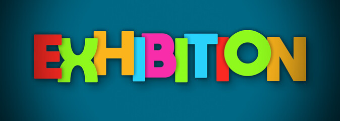 Exhibition - overlapping multicolor letters written on blue background