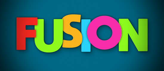 Fusion - overlapping multicolor letters written on blue background