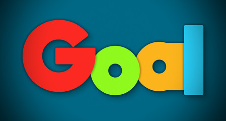 Goal - overlapping multicolor letters written on blue background
