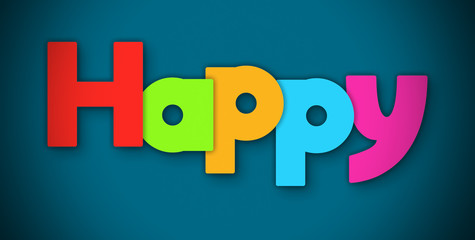Happy - overlapping multicolor letters written on blue background