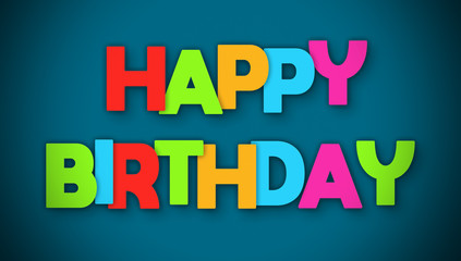 Happy Birthday - overlapping multicolor letters written on blue background