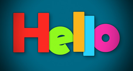 Hello! - overlapping multicolor letters written on blue background