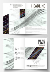 Business templates for bi fold brochure, magazine, flyer. Cover template, easy editable vector, flat layout in A4 size. Abstract waves, lines and curves. Dark color background. Motion design.