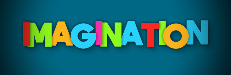 Imagination - overlapping multicolor letters written on blue background