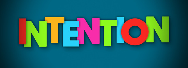 Intention - overlapping multicolor letters written on blue background