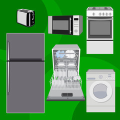 Home electronics appliances dishwasher, refrigerator, toaster, microwave, gas stove, washing machine. Vector illustration, flat.