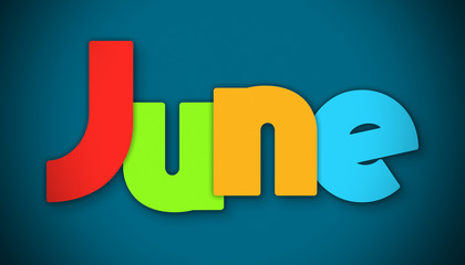 June - overlapping multicolor letters written on blue background